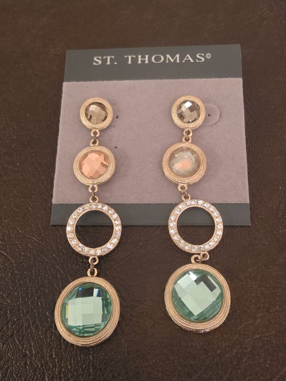 St. Thomas Bangle Earrings design with alternating gold tone circles & crystal